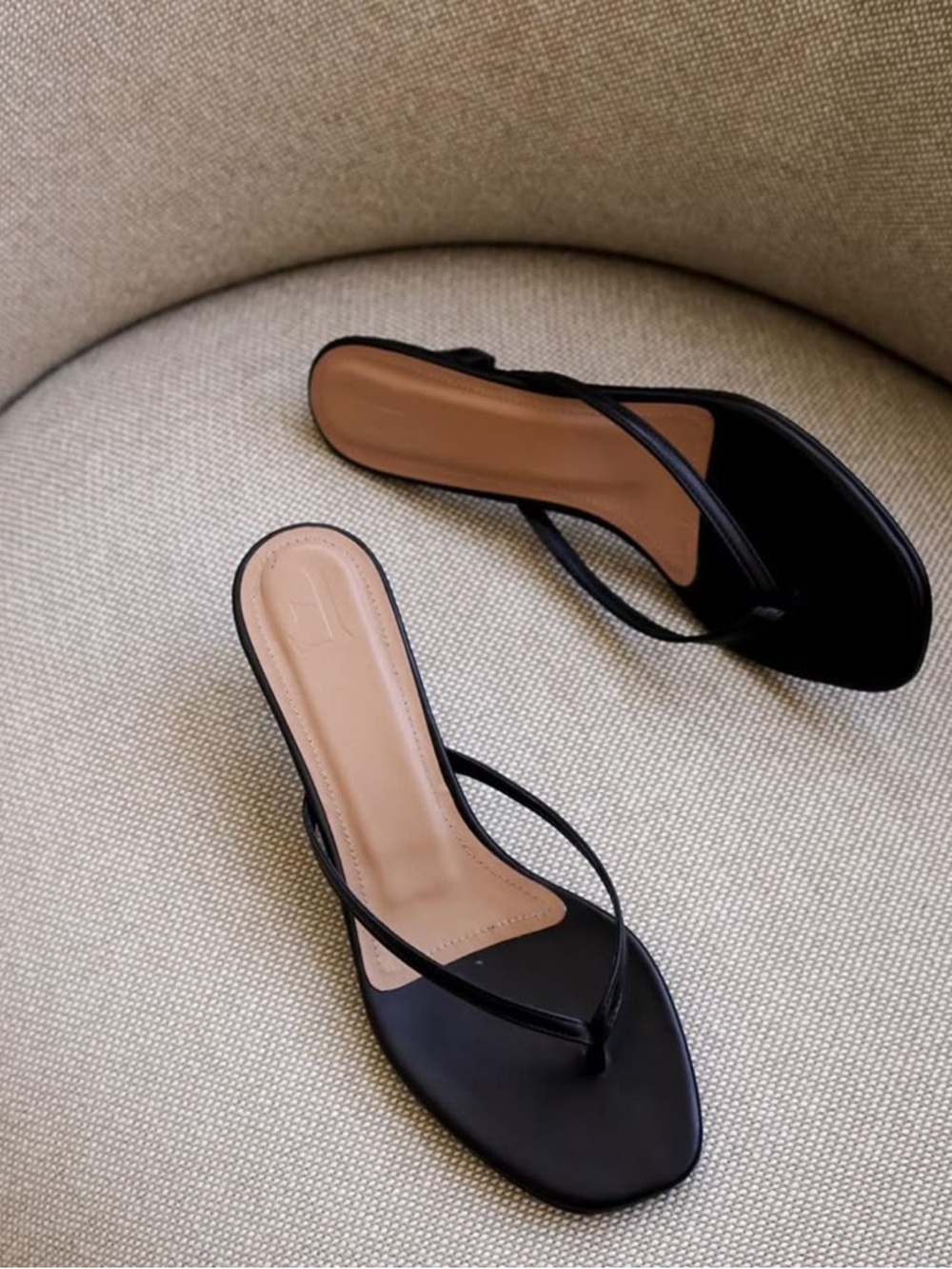 Flattered Black Square-Toe Thong Sandals with Tan Insole